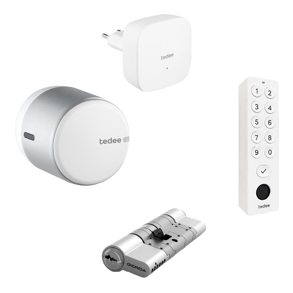 Tedee Go 2 + cilindro + bridge + keypad - blanco - frente Combo Cerradura Smart Tedee GO 2 + KeyPad Pro + Bridge + Cilindro Modular - Imagen 1